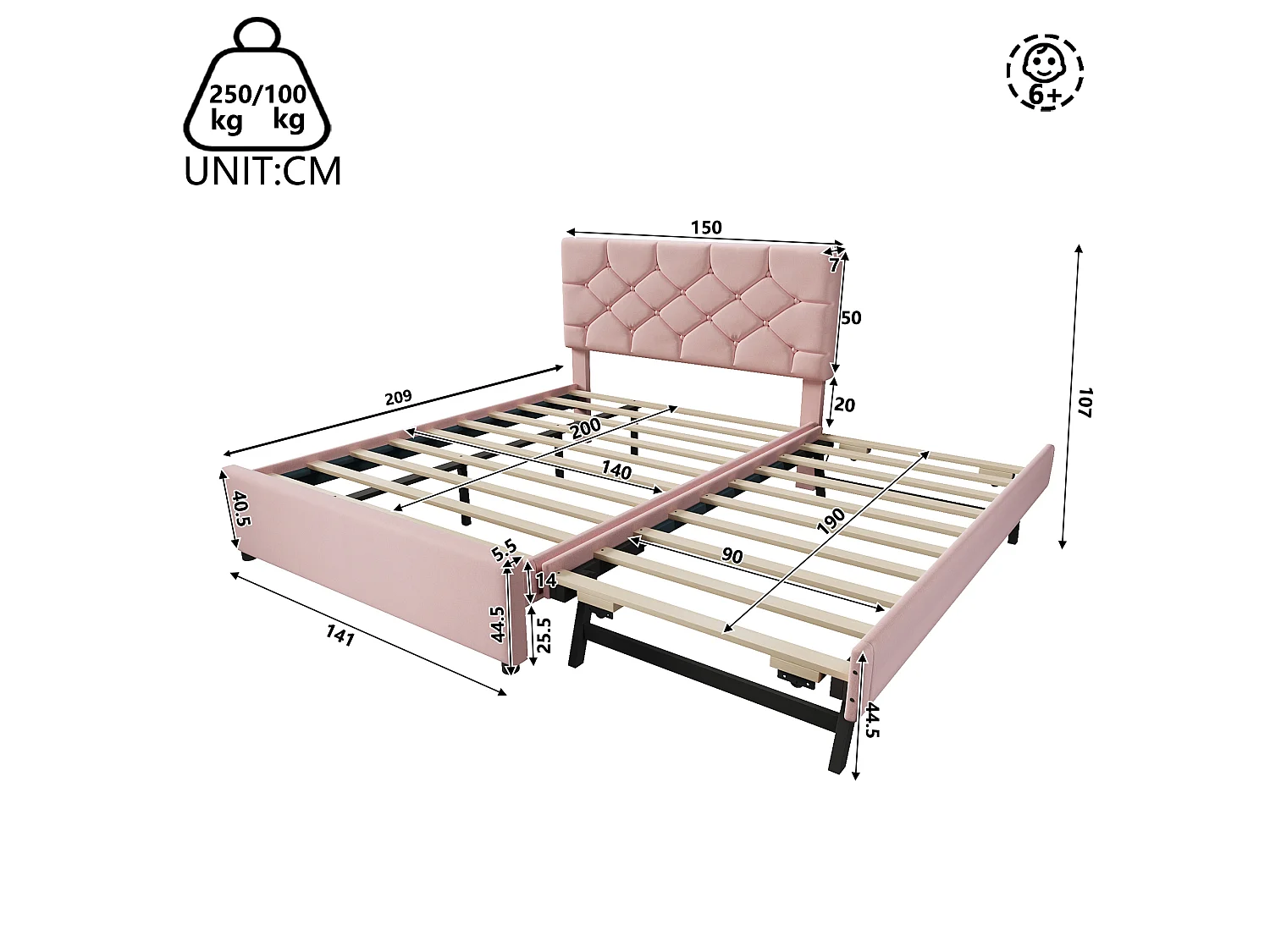Gepolstertes Bett 140x200 cm - mit Ausziehbett 90x190 cm - mit Lattenrost - Samt - rosa (Matratze nicht enthalten)