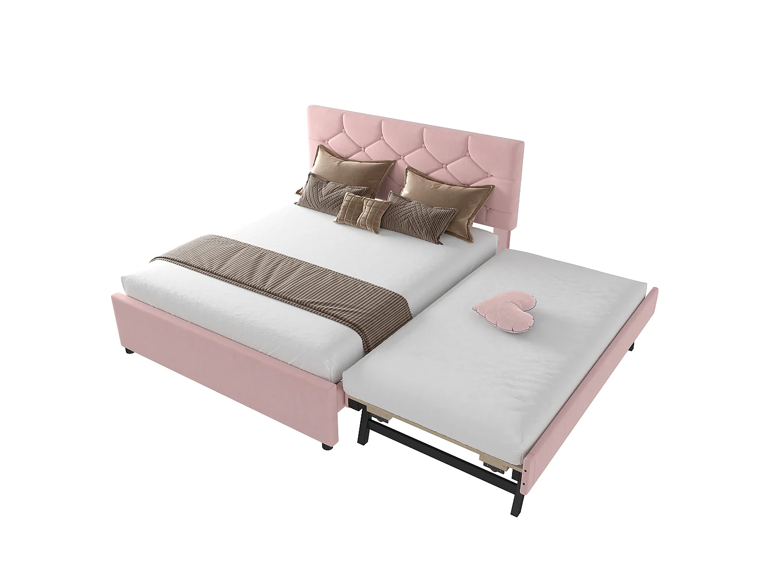 Gepolstertes Bett 140x200 cm - mit Ausziehbett 90x190 cm - mit Lattenrost - Samt - rosa (Matratze nicht enthalten)