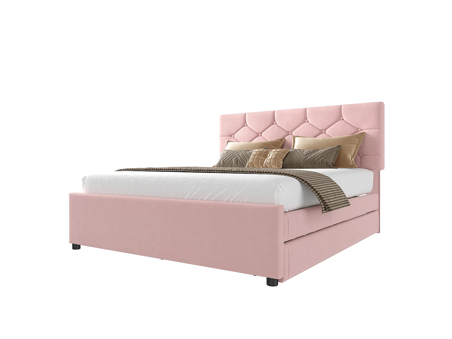 Gepolstertes Bett 140x200 cm - mit Ausziehbett 90x190 cm - mit Lattenrost - Samt - rosa (Matratze nicht enthalten)