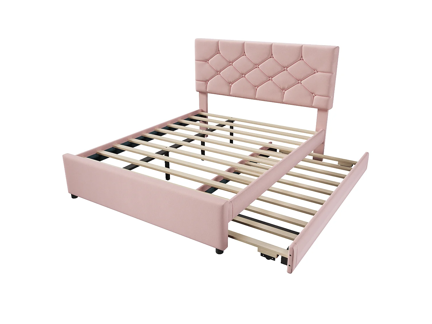 Gepolstertes Bett 140x200 cm - mit Ausziehbett 90x190 cm - mit Lattenrost - Samt - rosa (Matratze nicht enthalten)