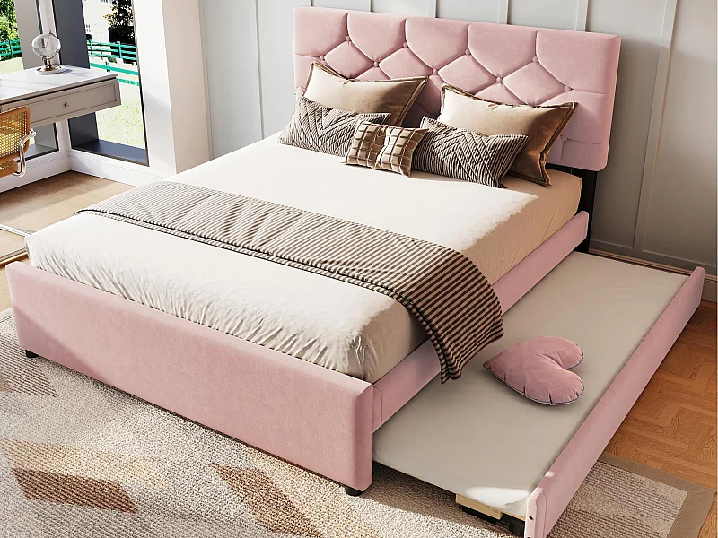 Lit rembourré 140x200 cm - avec lit gigogne 90x190cm - avec sommier à lattes - velours - rose (matelas non inclus)