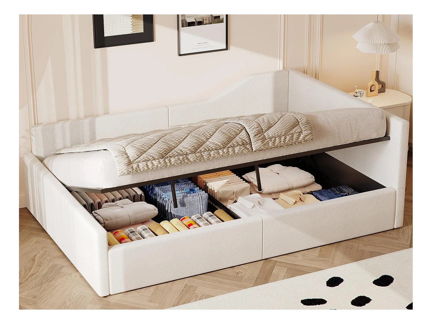 Canapé-lit capitonné 140x200cm - avec espace de rangement - avec sommier à lattes - MDF+lin - beige