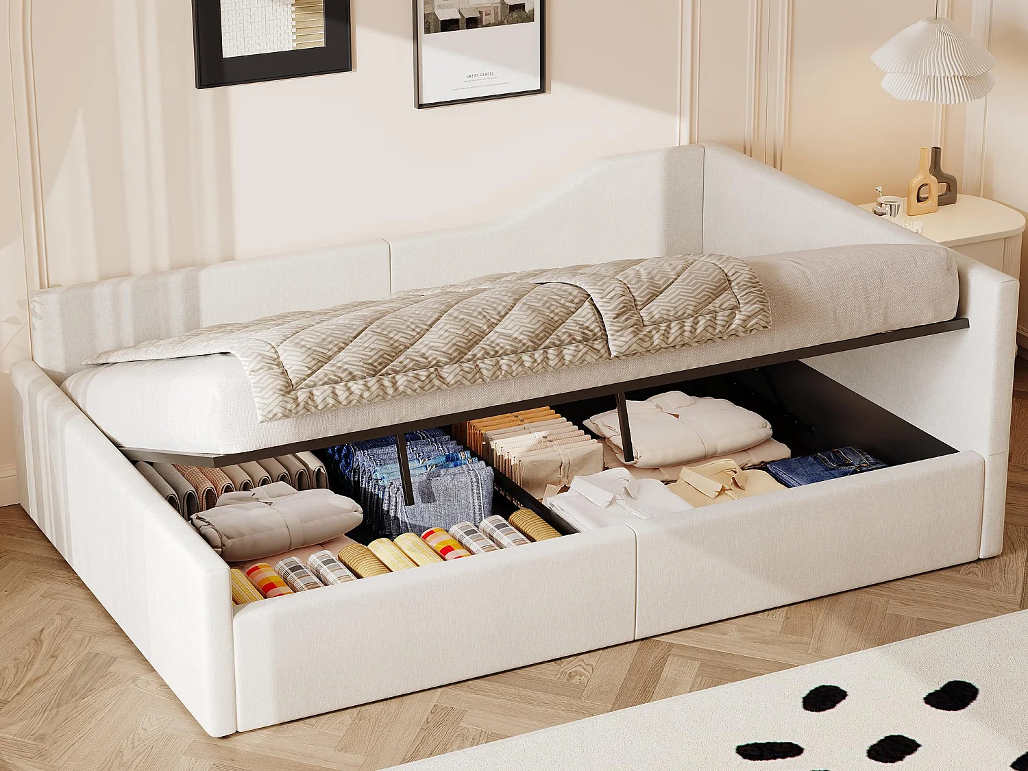 Canapé-lit capitonné 140x200cm - avec espace de rangement - avec sommier à lattes - MDF+lin - beige