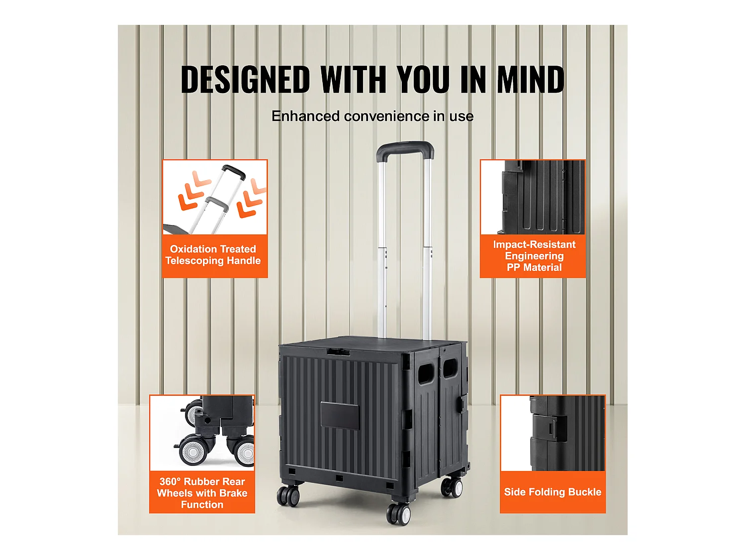 Chariot de Courses, SucceBuy Chariot de Courses Pliable, Chariot Utilitaire de 49.8 kg avec Poignée Télescopique