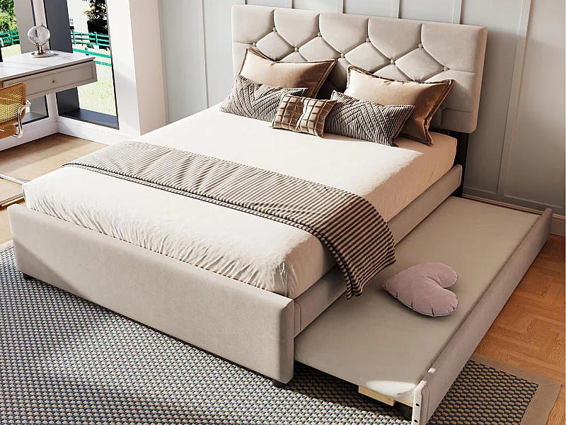 Lit rembourré 140x200 cm - avec lit gigogne 90x190cm - avec sommier à lattes - velours - beige (matelas non inclus)