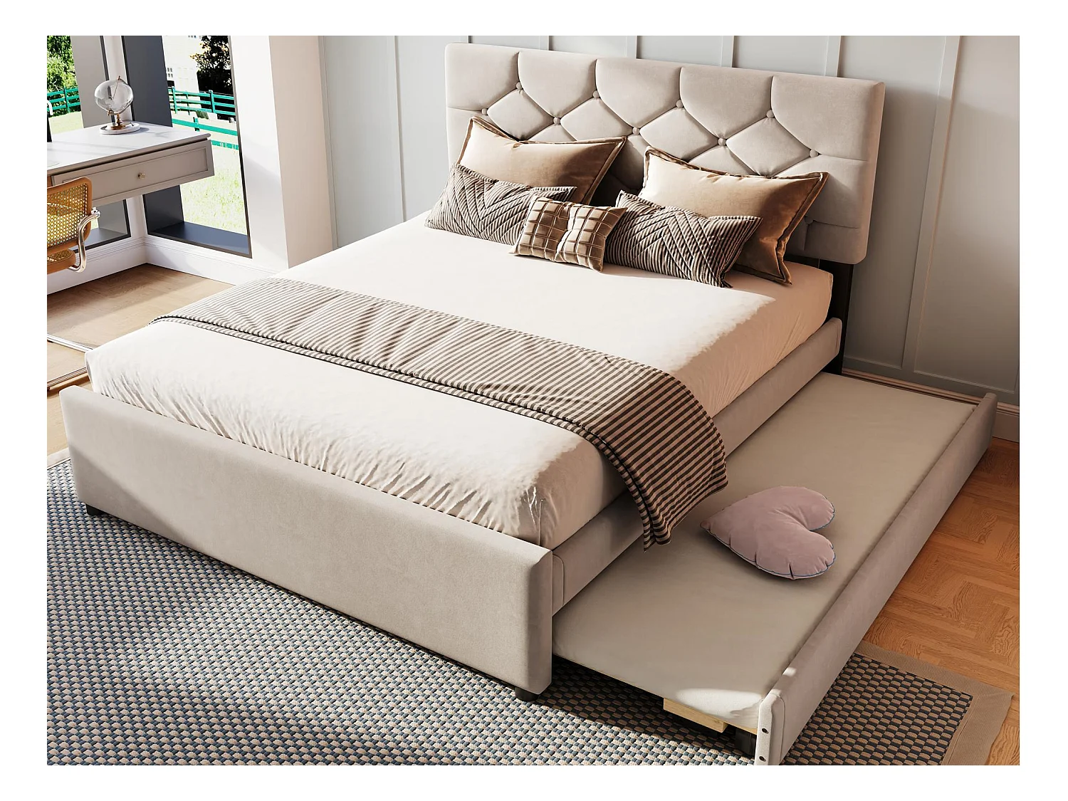 Lit rembourré 140x200 cm - avec lit gigogne 90x190cm - avec sommier à lattes - velours - beige (matelas non inclus)