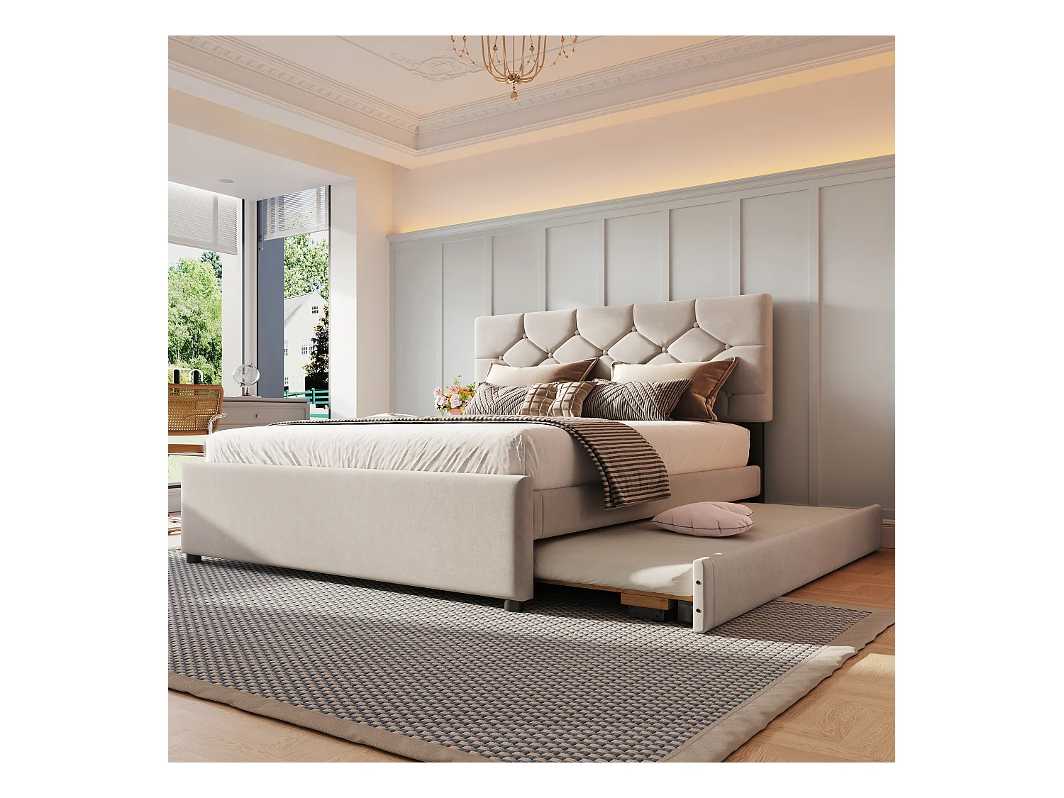 Lit rembourré 140x200 cm - avec lit gigogne 90x190cm - avec sommier à lattes - velours - beige (matelas non inclus)