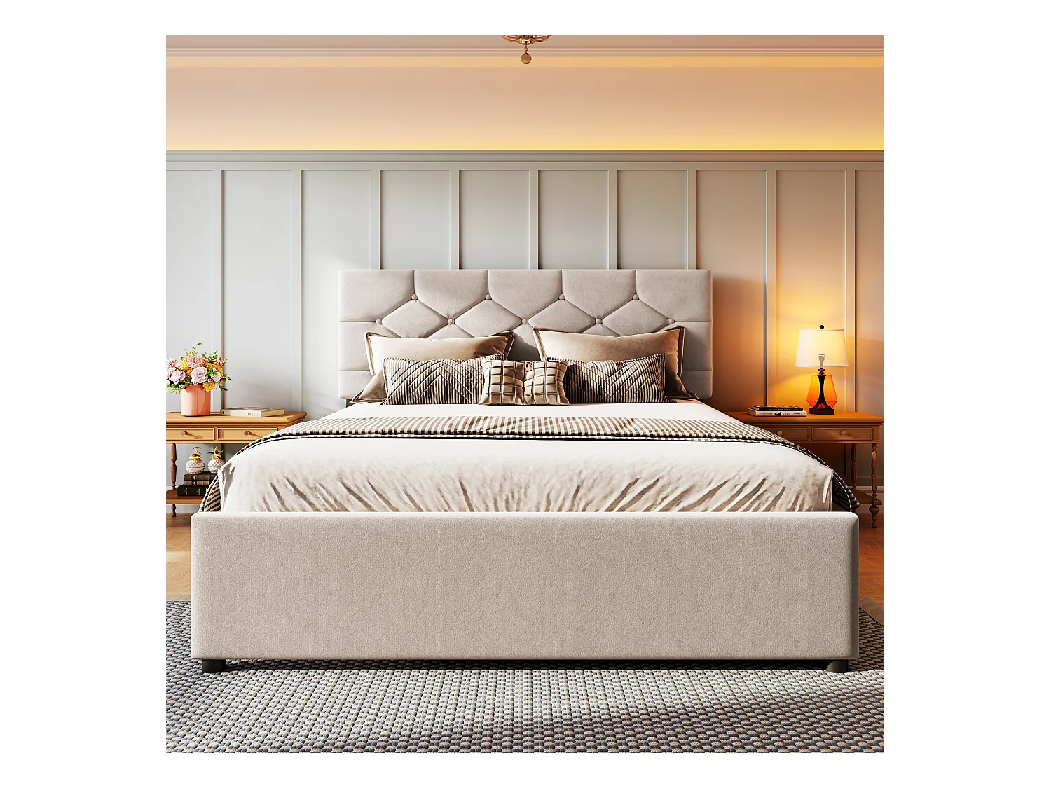 Lit rembourré 140x200 cm - avec lit gigogne 90x190cm - avec sommier à lattes - velours - beige (matelas non inclus)