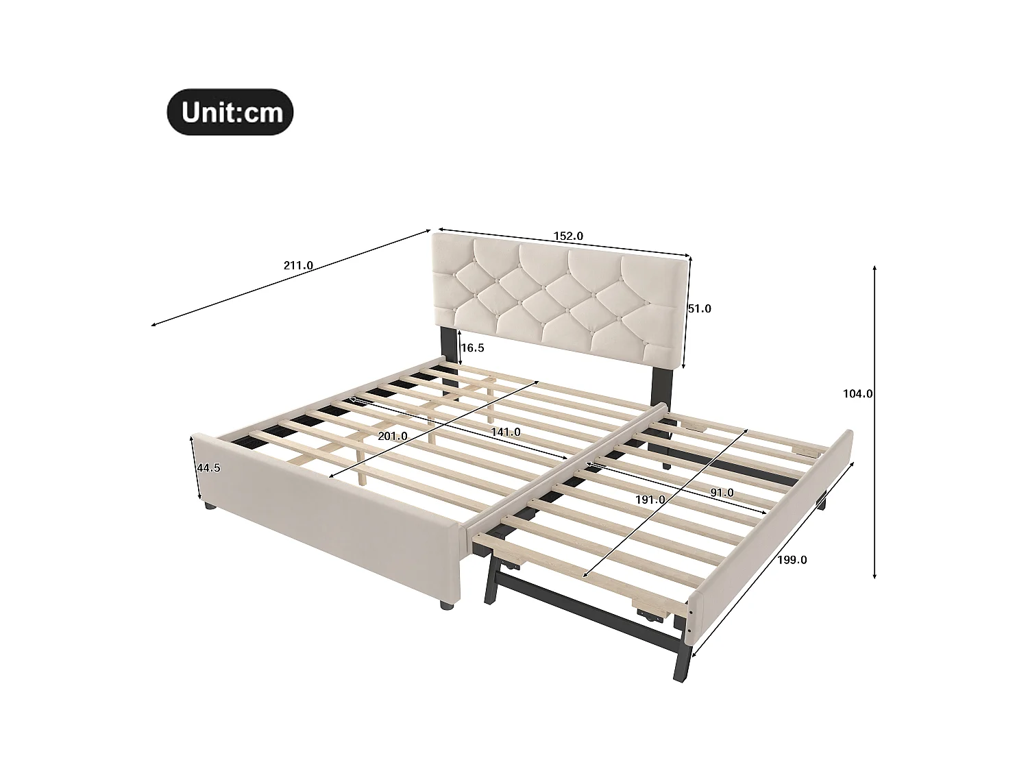 Lit rembourré 140x200 cm - avec lit gigogne 90x190cm - avec sommier à lattes - velours - beige (matelas non inclus)