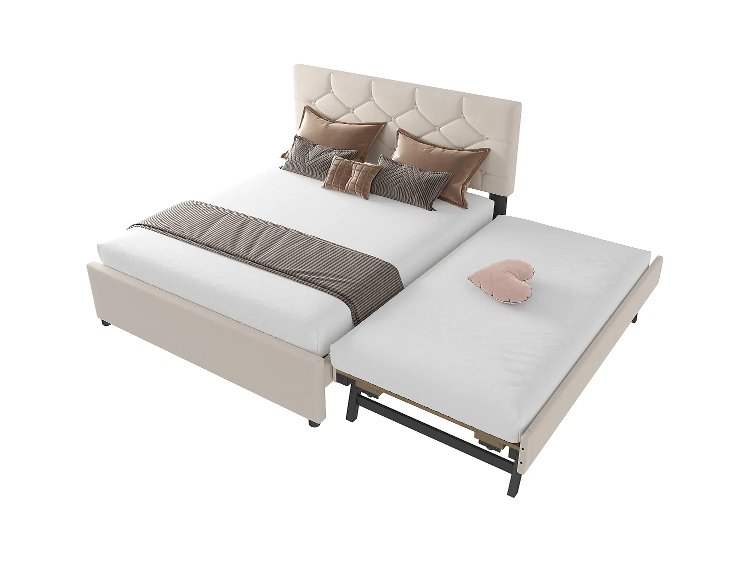 Lit rembourré 140x200 cm - avec lit gigogne 90x190cm - avec sommier à lattes - velours - beige (matelas non inclus)