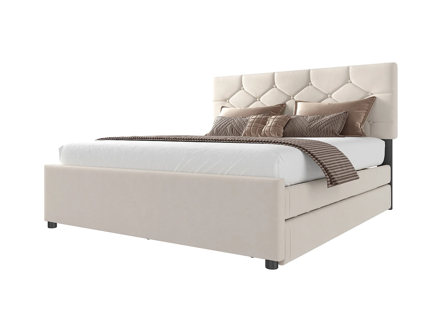 Lit rembourré 140x200 cm - avec lit gigogne 90x190cm - avec sommier à lattes - velours - beige (matelas non inclus)