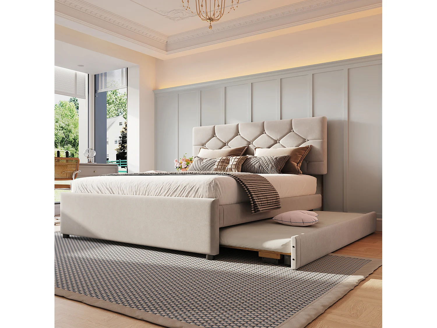 Cama estofada 140x200 cm - com cama de solteiro 90x190 cm - com estrado de ripas - veludo - Bege (colchão não incluído)