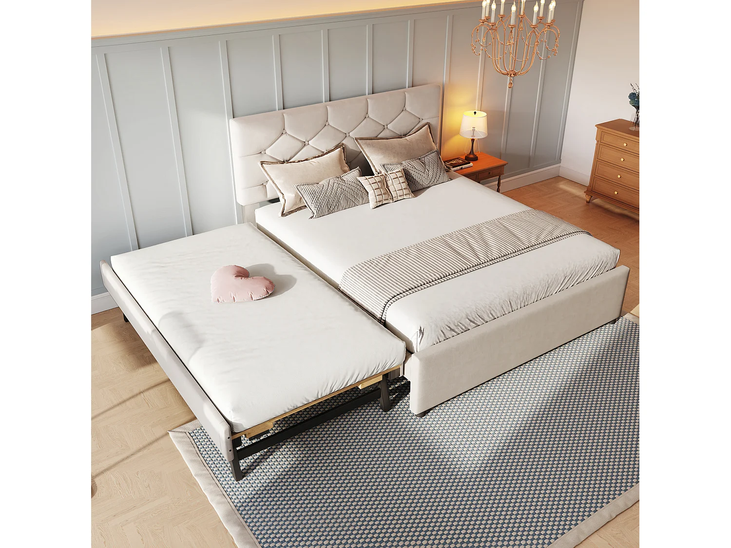 Cama estofada 140x200 cm - com cama de solteiro 90x190 cm - com estrado de ripas - veludo - Bege (colchão não incluído)