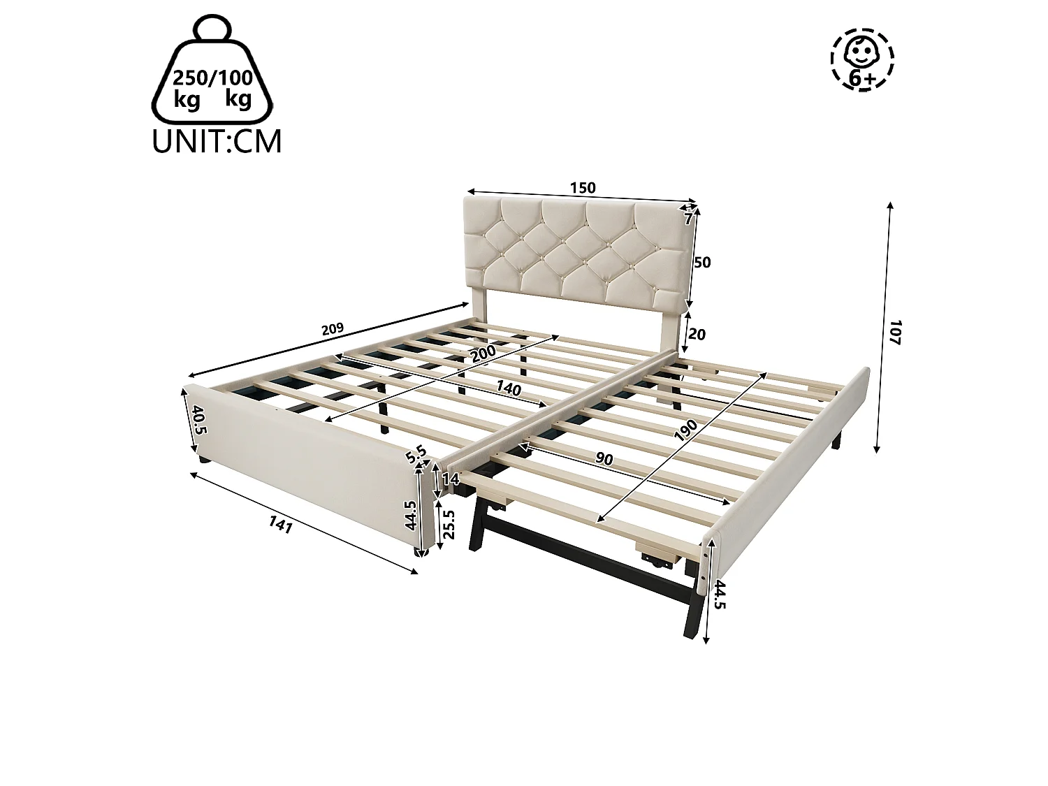 Cama estofada 140x200 cm - com cama de solteiro 90x190 cm - com estrado de ripas - veludo - Bege (colchão não incluído)