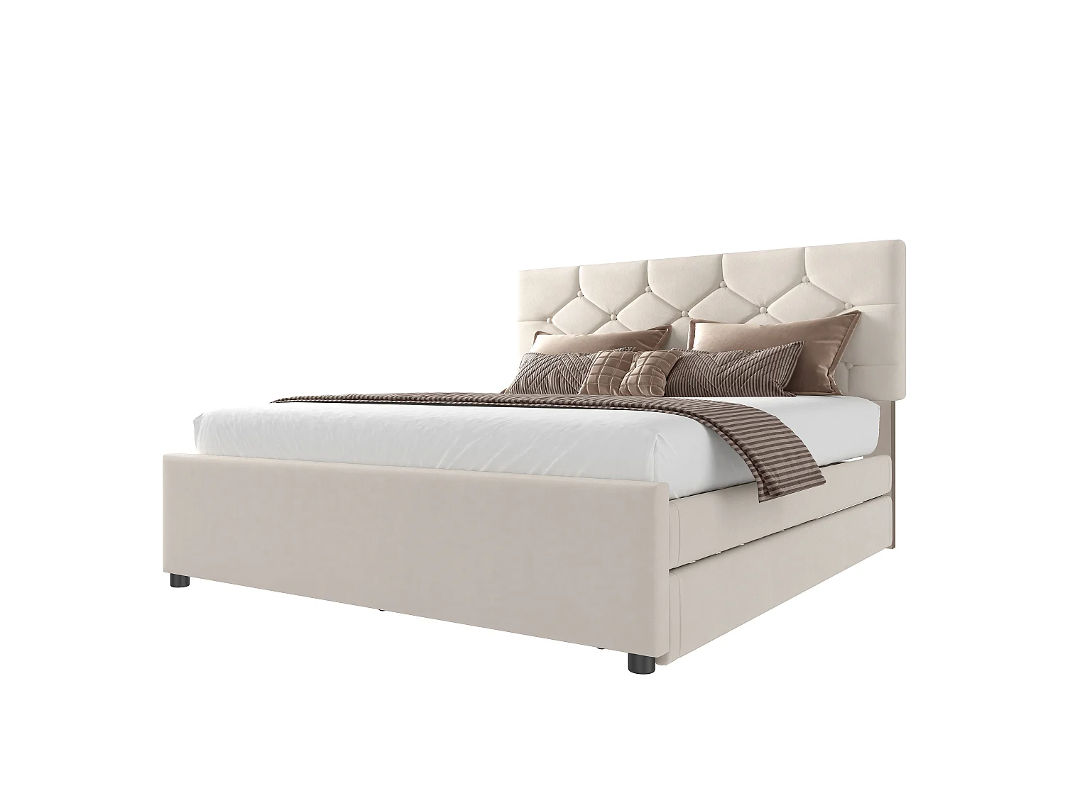 Cama estofada 140x200 cm - com cama de solteiro 90x190 cm - com estrado de ripas - veludo - Bege (colchão não incluído)