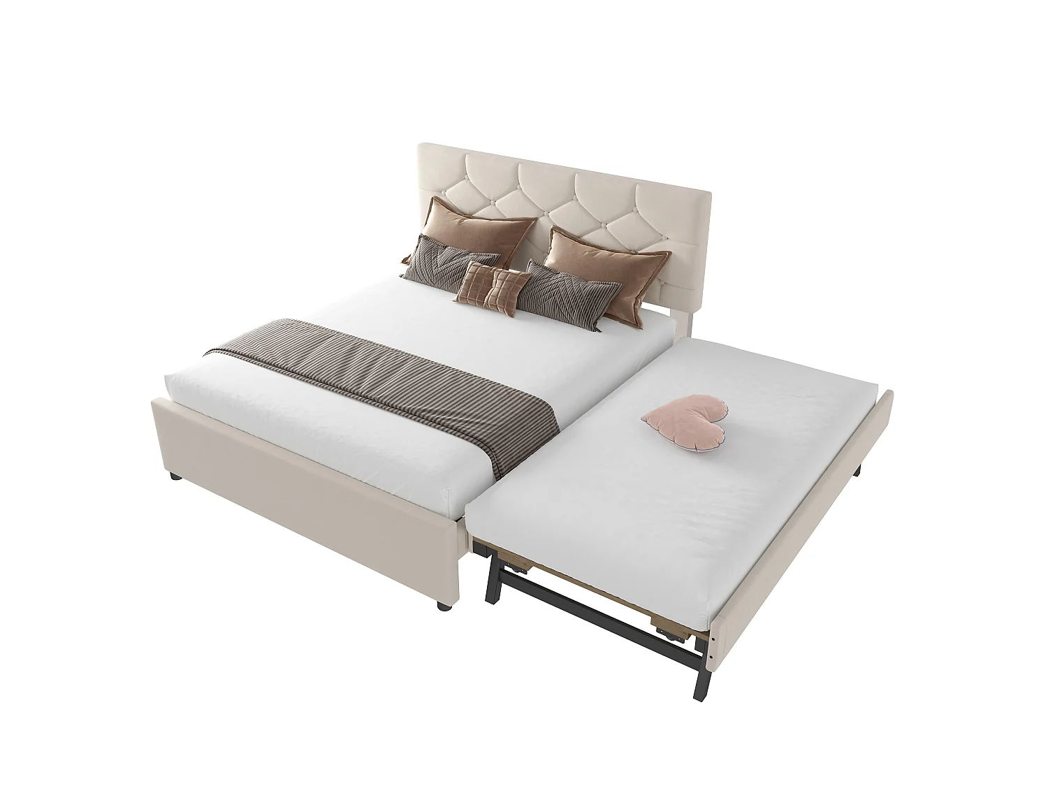 Cama estofada 140x200 cm - com cama de solteiro 90x190 cm - com estrado de ripas - veludo - Bege (colchão não incluído)