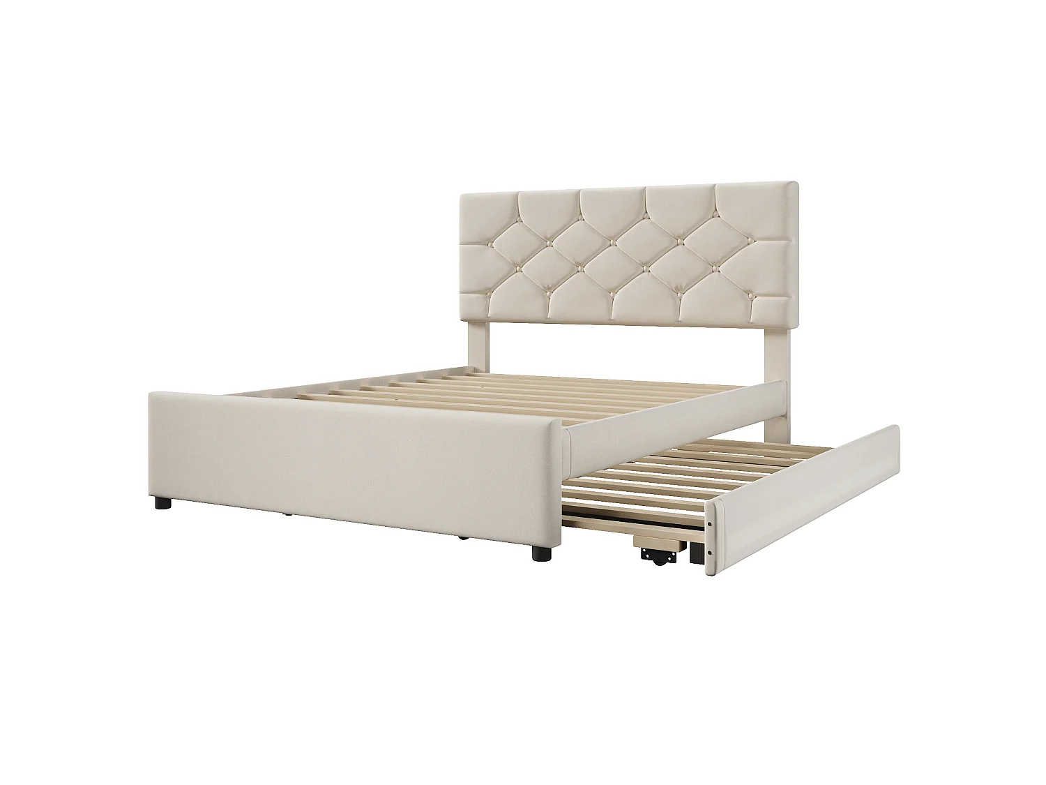 Cama estofada 140x200 cm - com cama de solteiro 90x190 cm - com estrado de ripas - veludo - Bege (colchão não incluído)