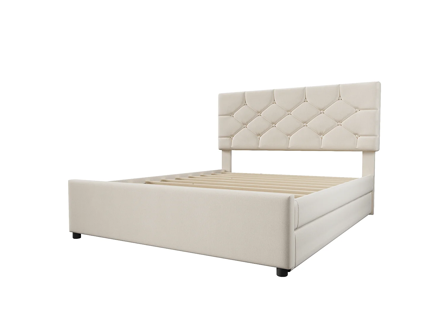 Cama estofada 140x200 cm - com cama de solteiro 90x190 cm - com estrado de ripas - veludo - Bege (colchão não incluído)