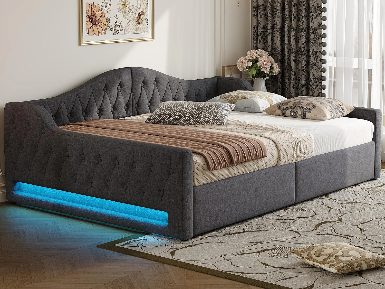 Divano letto imbottito 140×200 cm - con striscia luminosa LED - contenitore - con rete a doghe - grigio