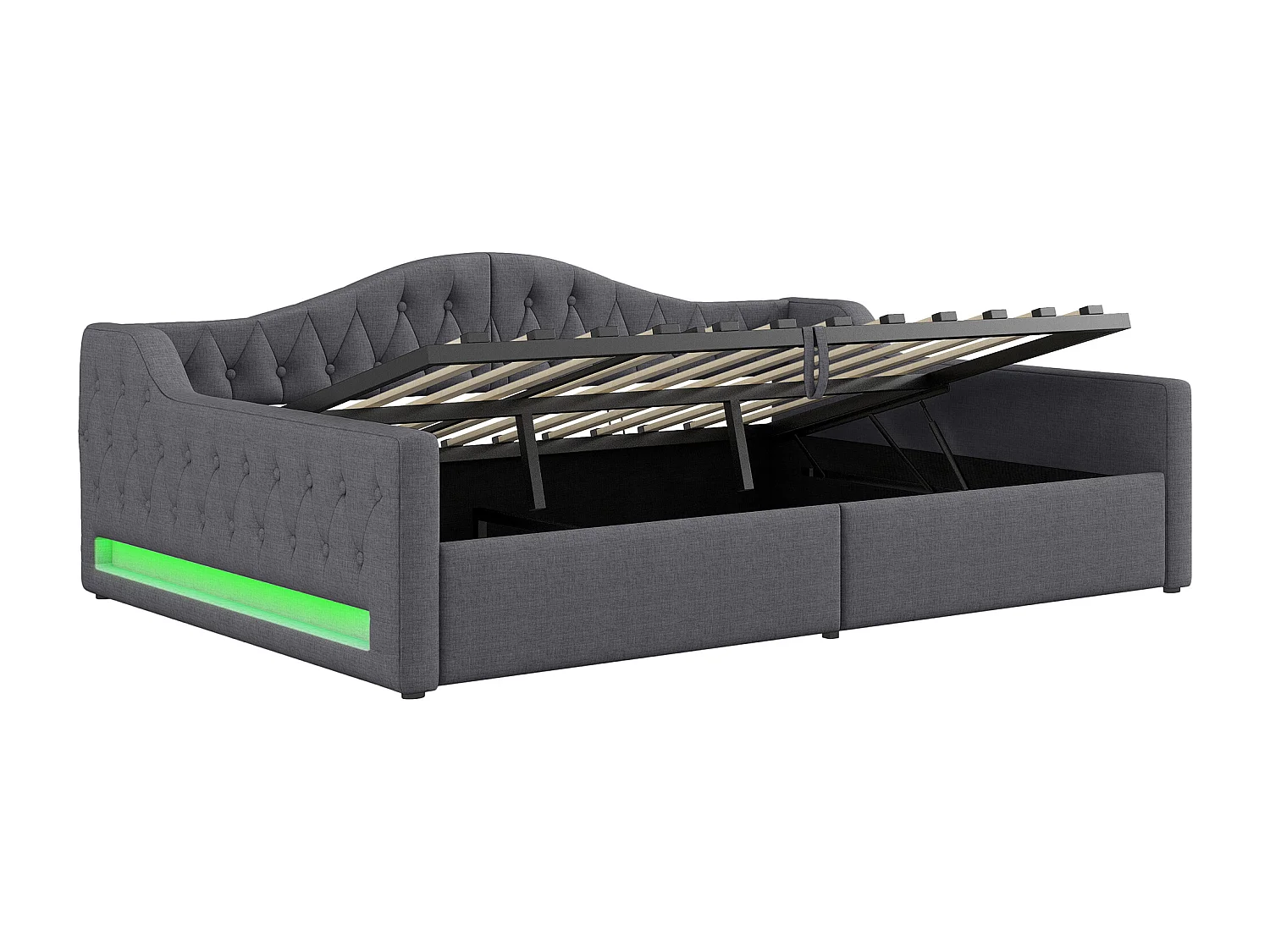 Canapé-lit capitonné 140x200cm - avec bande lumineuse LED - rangement - avec sommier à lattes - gris