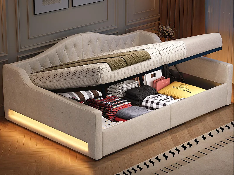 Divano letto imbottito 140×200 cm - con striscia LED luminosa - contenitore - con rete a doghe - beige