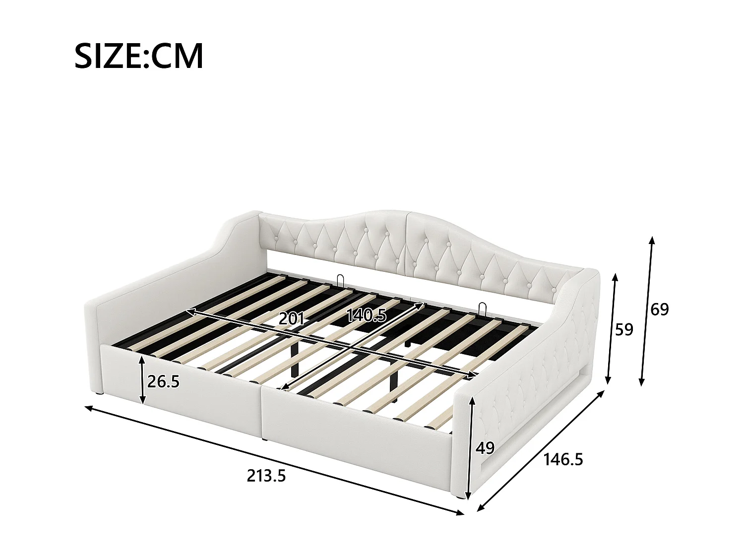 Divano letto imbottito 140×200 cm - con striscia LED luminosa - contenitore - con rete a doghe - beige