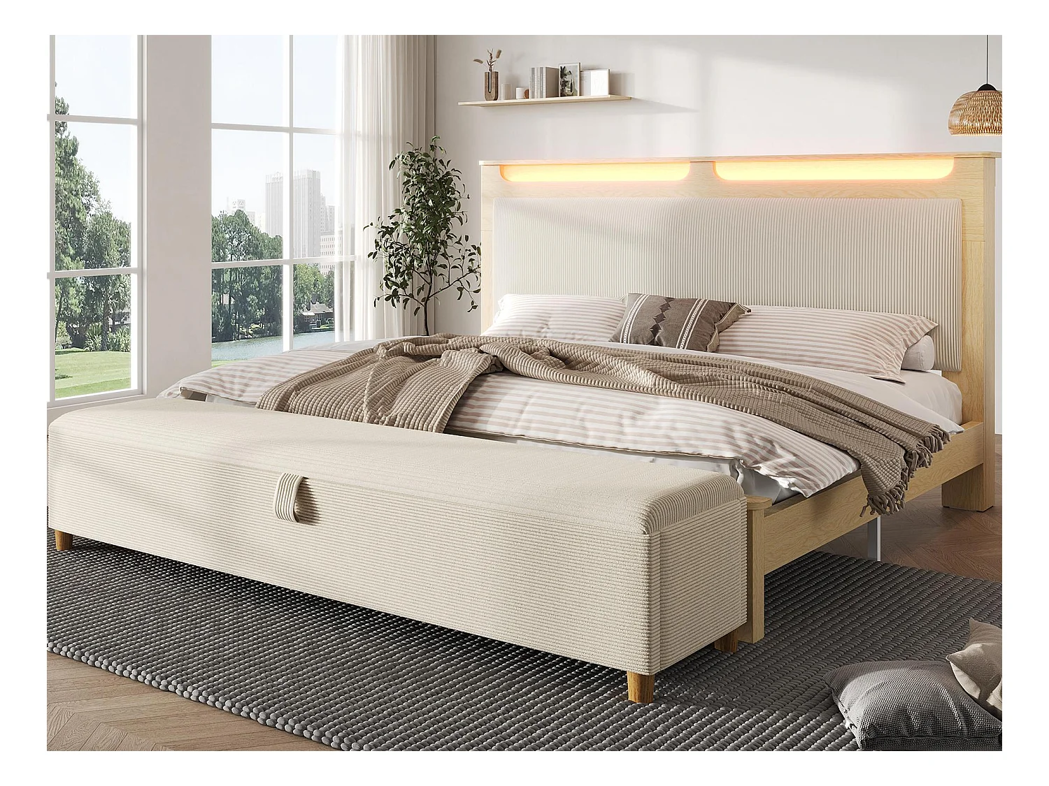 Cama doble de madera 140×200 cm - con banco almacenamiento acolchado - iluminación LED - cabecero con espacio de almacenamiento - beige