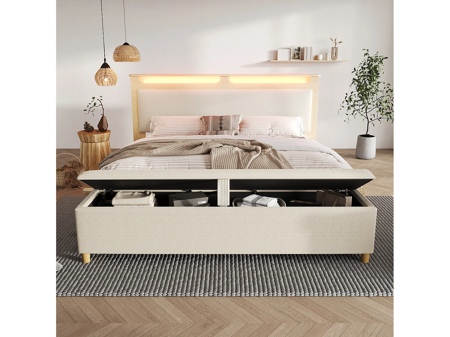 Holz-Doppelbett 140×200 cm - mit gepolsterter Aufbankbank - LED-Beleuchtung - Kopfteil mit Staufach - beige