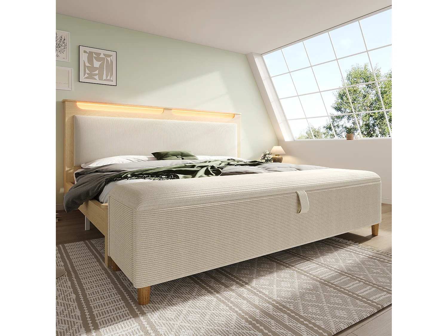 Holz-Doppelbett 140×200 cm - mit gepolsterter Aufbankbank - LED-Beleuchtung - Kopfteil mit Staufach - beige