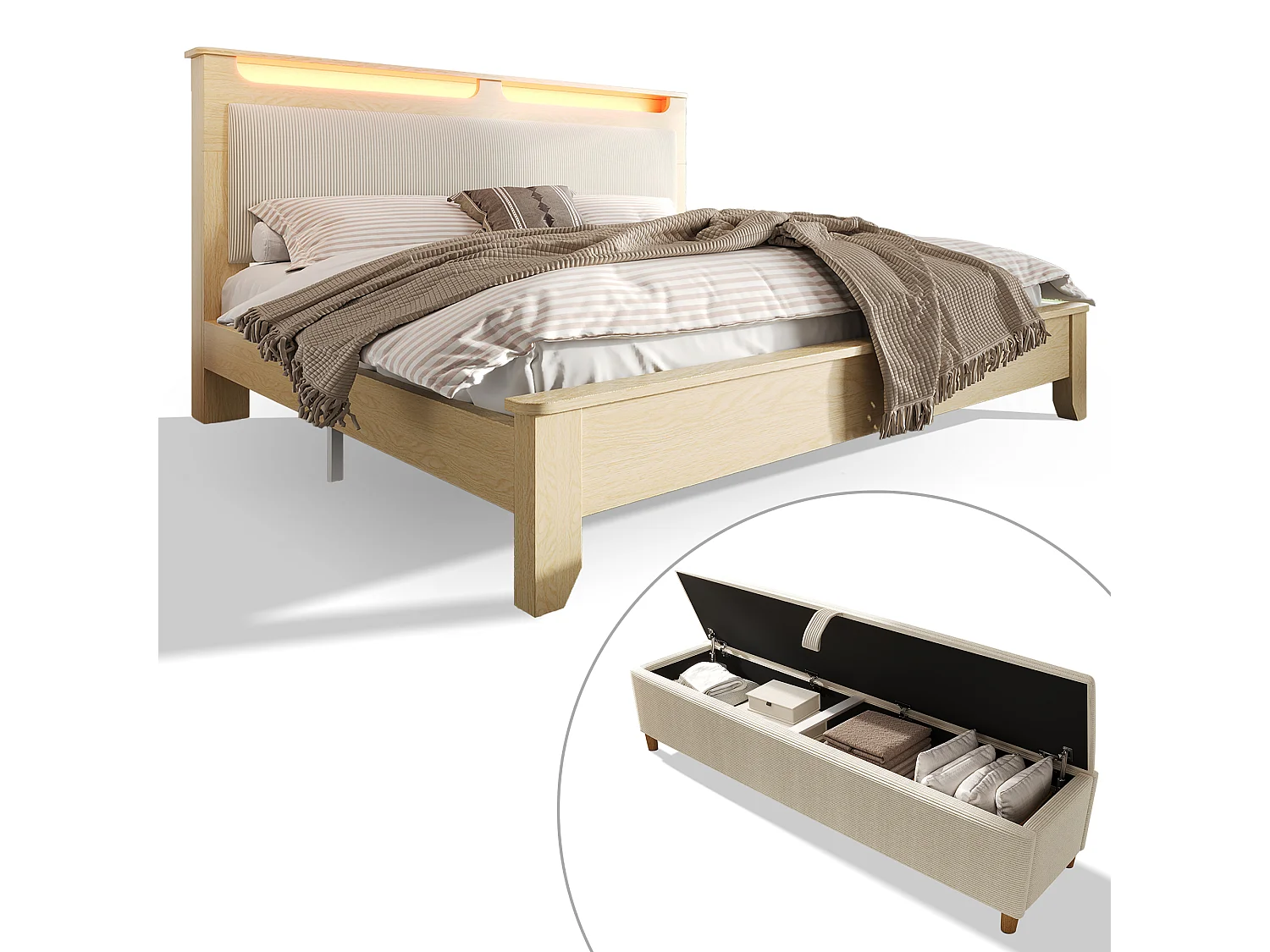 Holz-Doppelbett 140×200 cm - mit gepolsterter Aufbankbank - LED-Beleuchtung - Kopfteil mit Staufach - beige