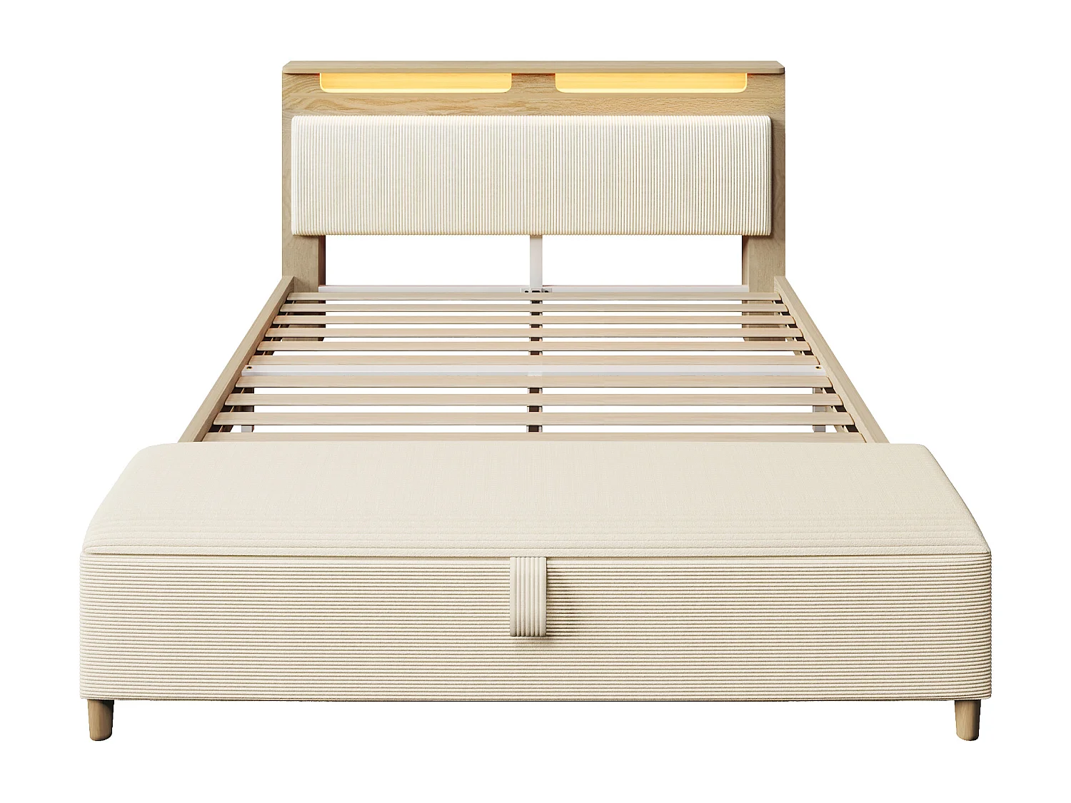 Holz-Doppelbett 140×200 cm - mit gepolsterter Aufbankbank - LED-Beleuchtung - Kopfteil mit Staufach - beige