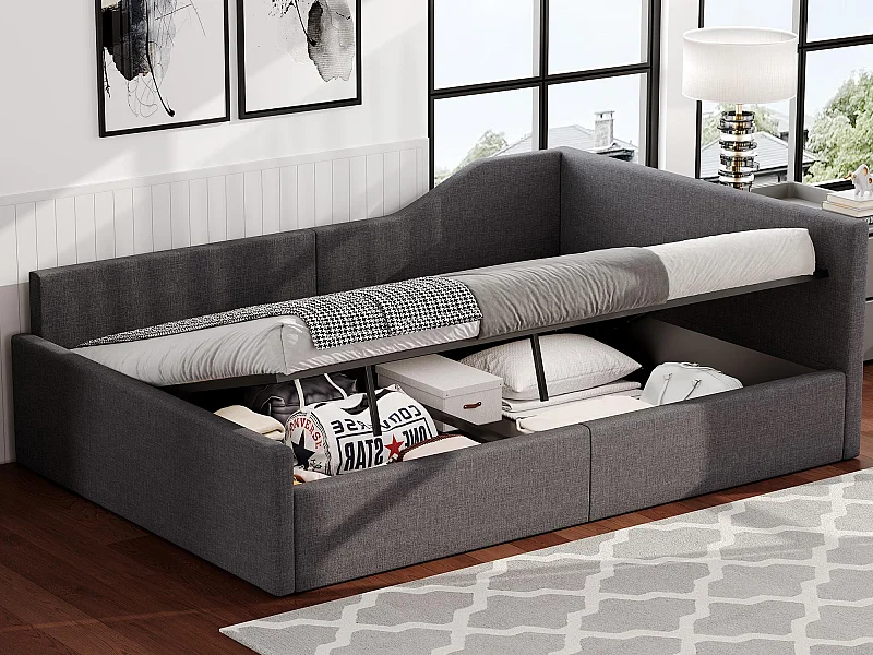 Klappsofa mit Polsterung 140×200 cm - mit Stauraum - mit Lattenrost - MDF+Leinen - grau