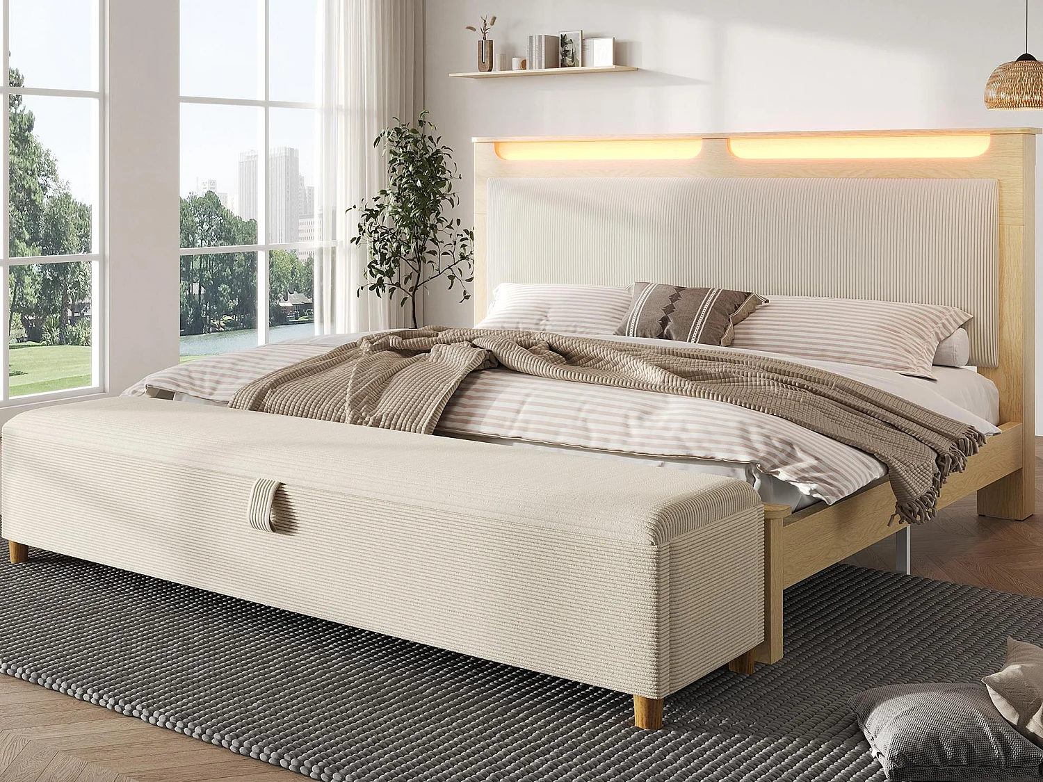 Dubbelsäng i trä 160×200 cm - med stoppad förvaringsbänk - med LED-belysning - huvudgavel med förvaringsutrymme - Beige