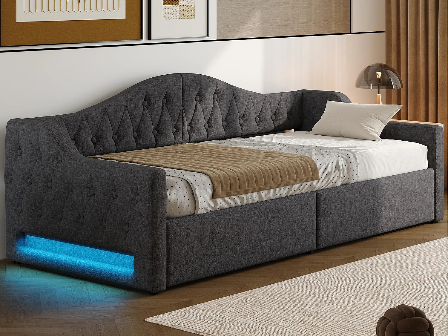 Divano letto imbottito 90×200 cm - con striscia luminosa LED - contenitore - con rete a doghe - grigio