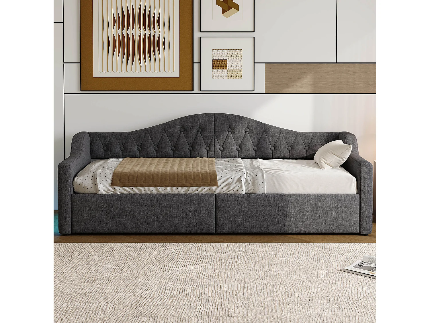 Divano letto imbottito 90×200 cm - con striscia luminosa LED - contenitore - con rete a doghe - grigio