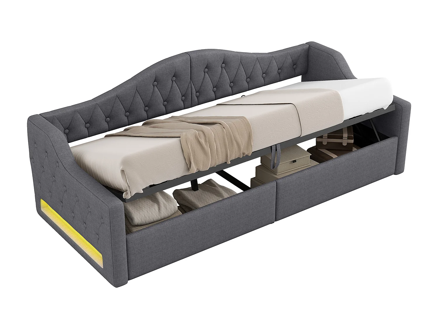 Divano letto imbottito 90×200 cm - con striscia luminosa LED - contenitore - con rete a doghe - grigio