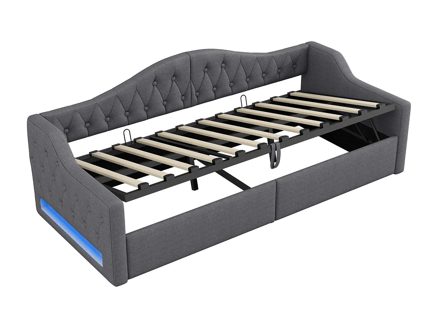 Divano letto imbottito 90×200 cm - con striscia luminosa LED - contenitore - con rete a doghe - grigio