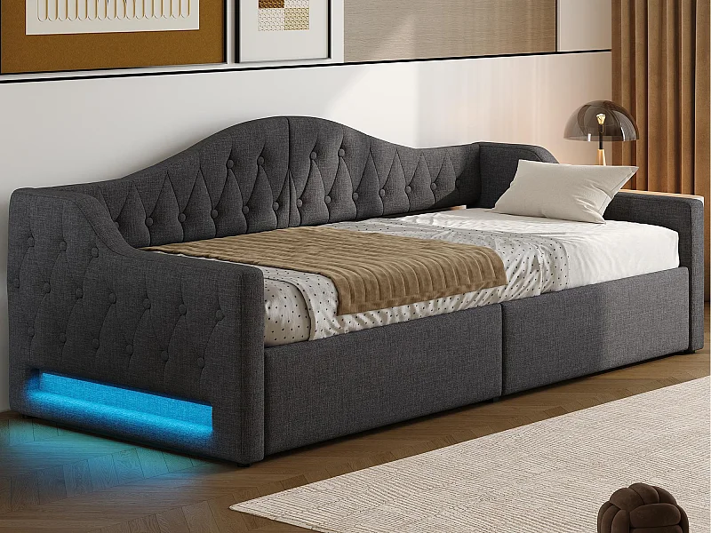 Canapé-lit capitonné 90x200cm - avec bande lumineuse LED - rangement - avec sommier à lattes - gris