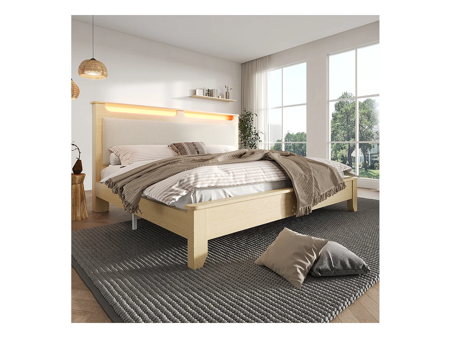 Podwójne łóżko drewniane 140×200 cm - z oświetleniem LED - Zagłówek ze schowkiem - tapicerka z aksamitu prążkowanego - beżowe