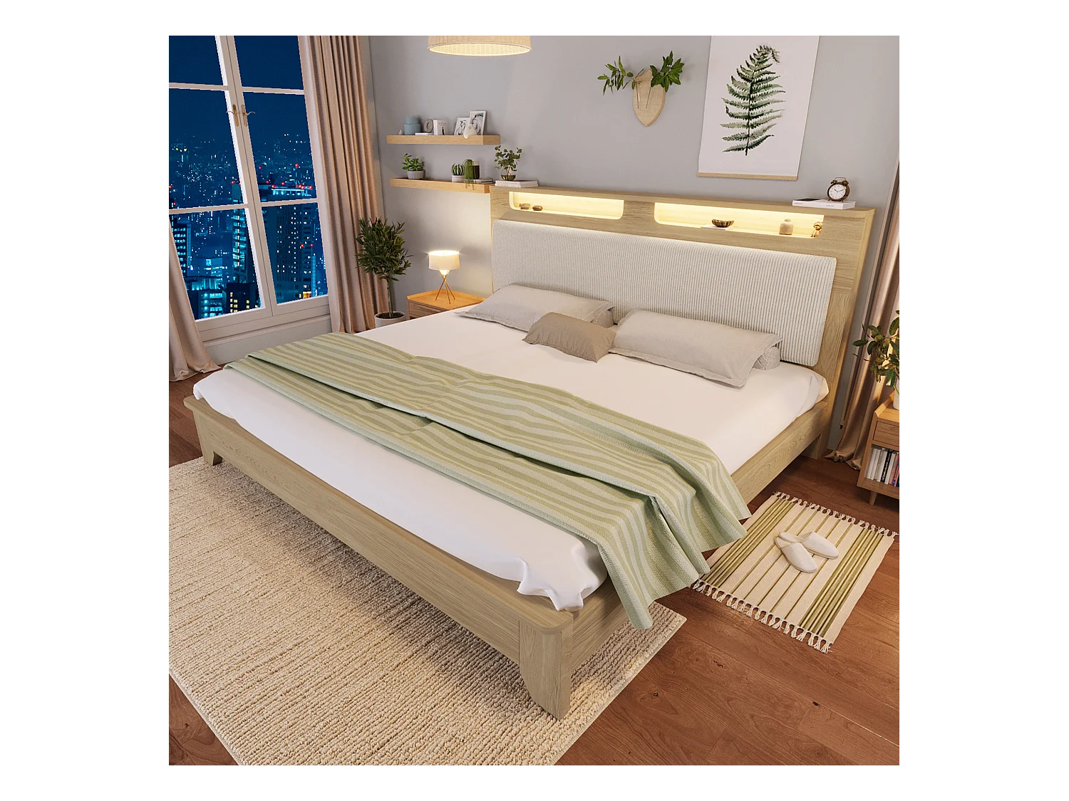 Podwójne łóżko drewniane 140×200 cm - z oświetleniem LED - Zagłówek ze schowkiem - tapicerka z aksamitu prążkowanego - beżowe