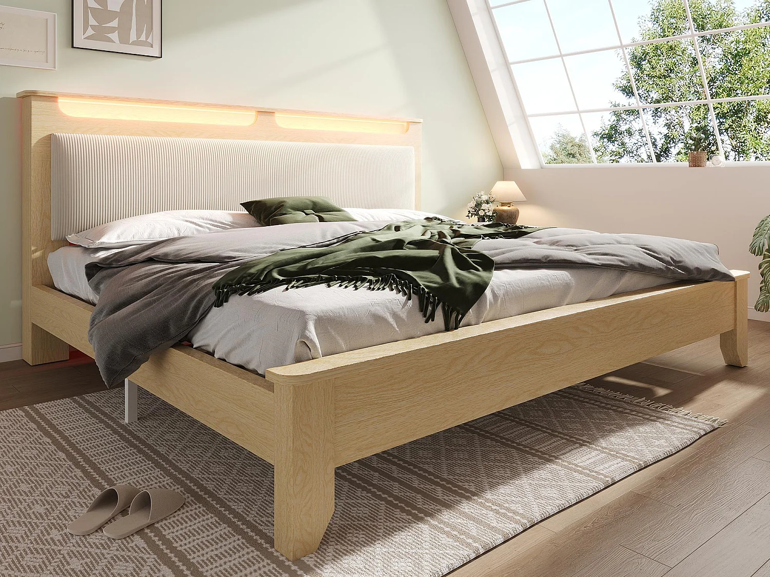 Letto matrimoniale in legno 140×200 cm - con illuminazione LED - testiera con contenitore - schienale in velluto a coste - beige