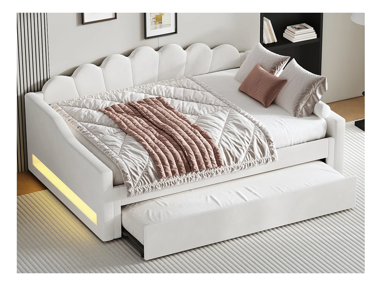 Lit gigogne 140 x 200 cm - avec bande lumineuse LED - avec sommier à lattes - MDF + lin - Beige