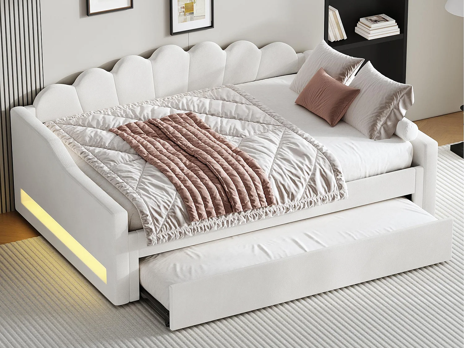 Cama nido 140×200 cm - com fita de LED - com base de ripas - MDF+linho - bege