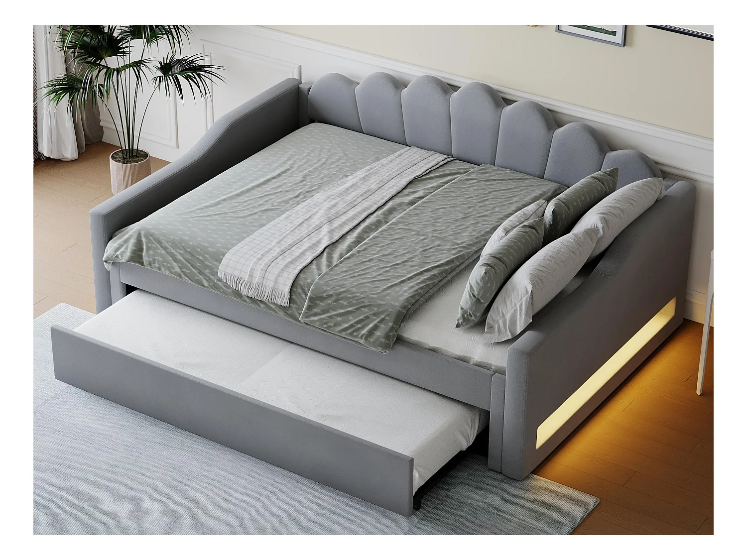 Lit gigogne 140 x 200 cm - avec bande lumineuse LED - avec sommier à lattes - MDF + lin - Gris