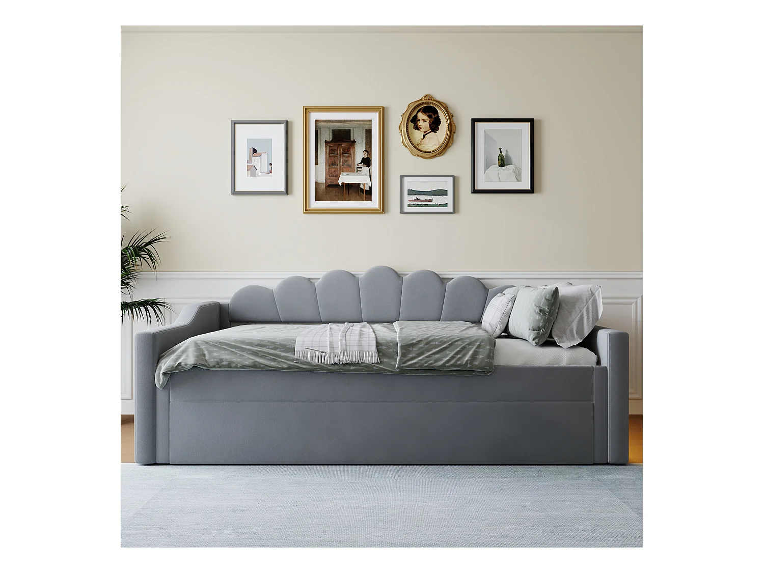 Lit gigogne 140 x 200 cm - avec bande lumineuse LED - avec sommier à lattes - MDF + lin - Gris