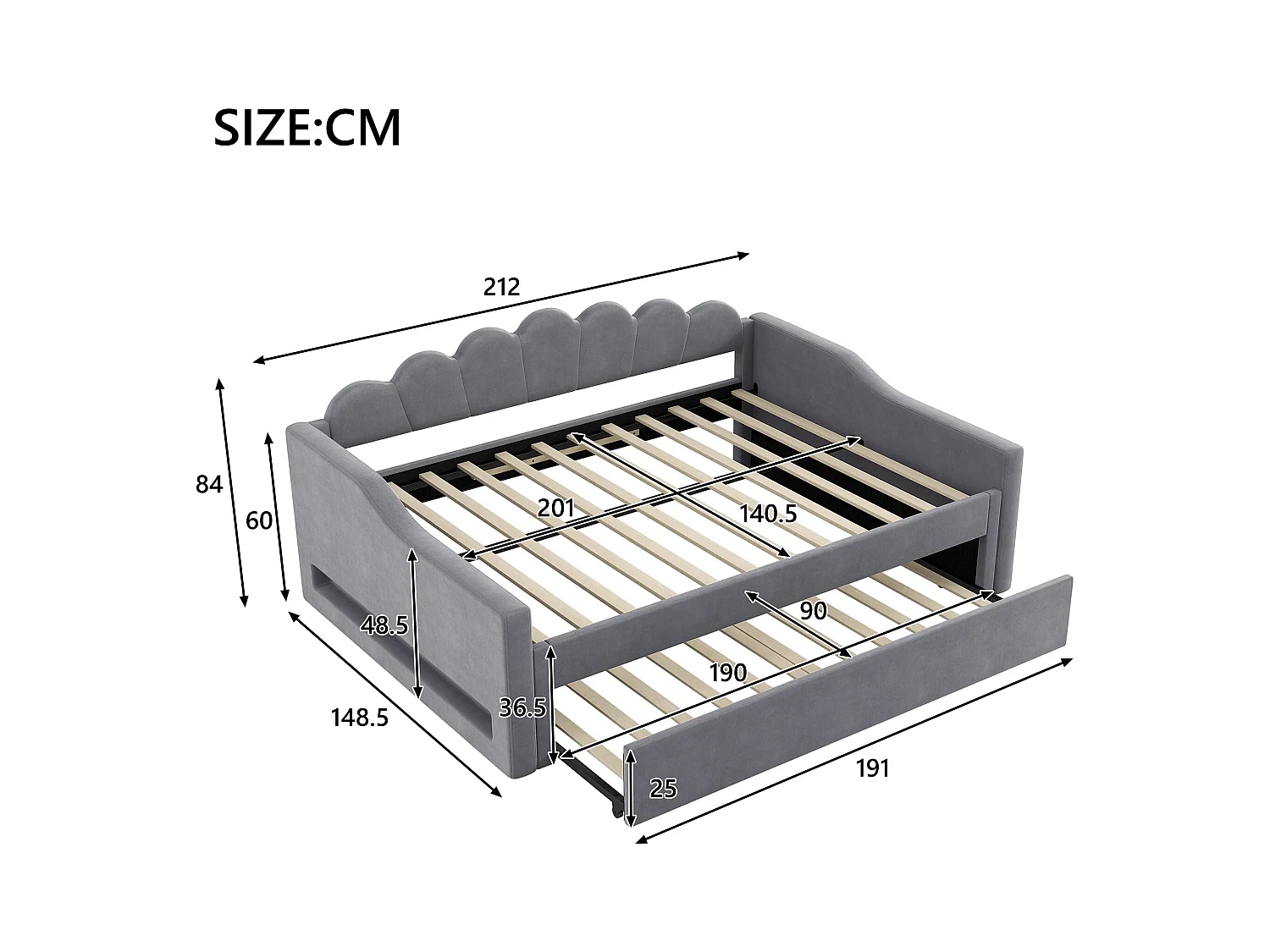 Lit gigogne 140 x 200 cm - avec bande lumineuse LED - avec sommier à lattes - MDF + lin - Gris