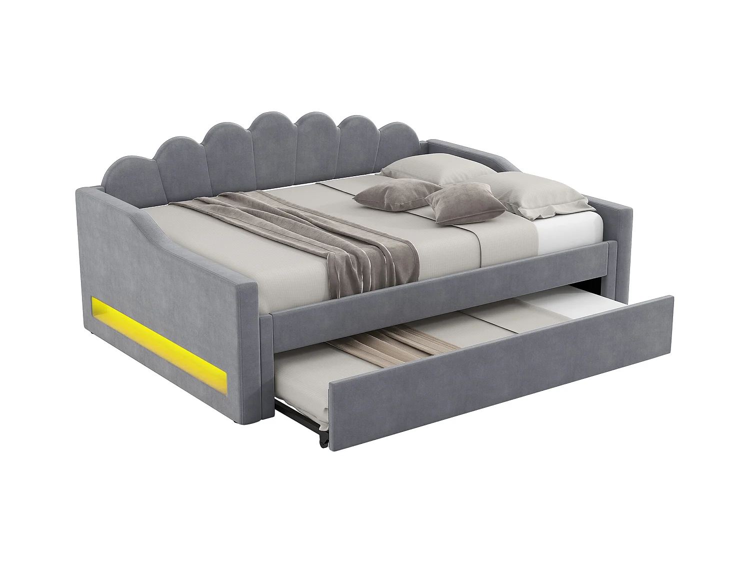 Lit gigogne 140 x 200 cm - avec bande lumineuse LED - avec sommier à lattes - MDF + lin - Gris