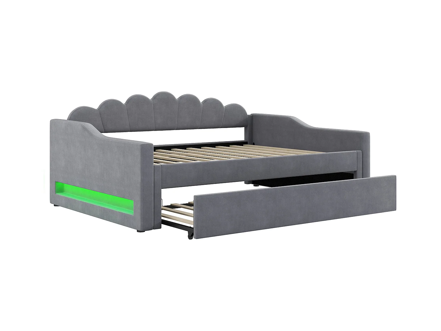 Lit gigogne 140 x 200 cm - avec bande lumineuse LED - avec sommier à lattes - MDF + lin - Gris