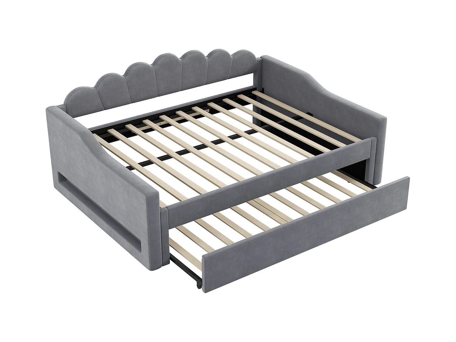 Lit gigogne 140 x 200 cm - avec bande lumineuse LED - avec sommier à lattes - MDF + lin - Gris