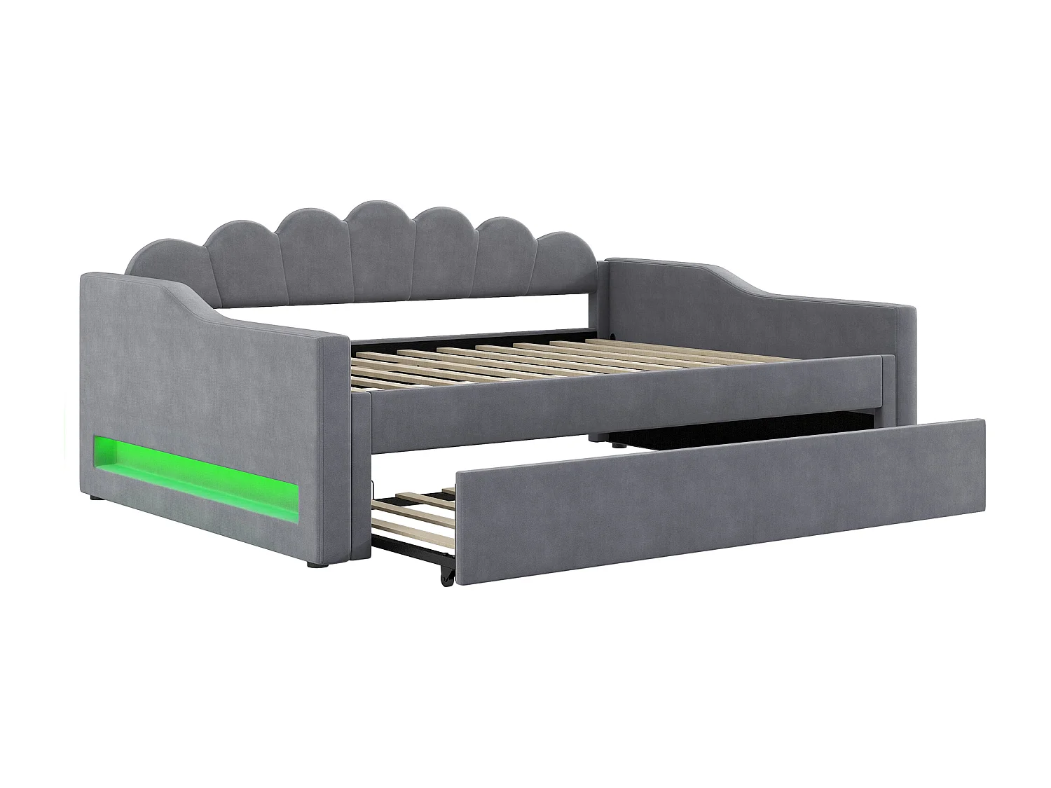 Lit gigogne 140 x 200 cm - avec bande lumineuse LED - avec sommier à lattes - MDF + lin - Gris